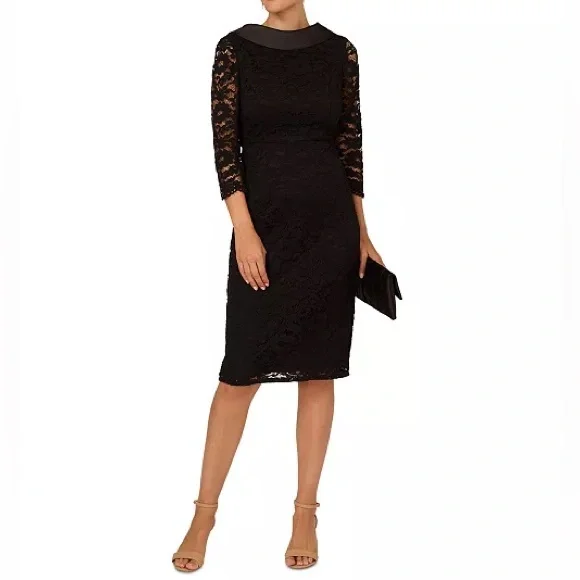 Adrianna Papell Women's Roll Neck Lace Dress With Sheer Elbow Sleeves Black NWT - Picture 1 of 8
